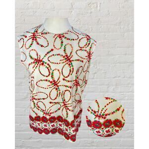 Vintage 70s Miss Holly Groovy Red Floral Rings Hippy Print Sleeveless Top Size L